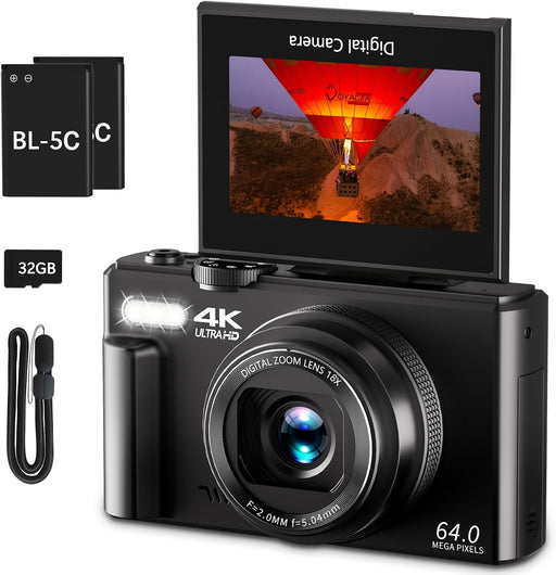 VJIANGER 4K Digital Camera for Photography, 64MP Vlogging Camera for YouTube with 3" 180 Flip Screen, 18X Digital Zoom Point and Shoot Camera with 32GB Micro SD Card for Beginner (Black) - YL15-W08-Black