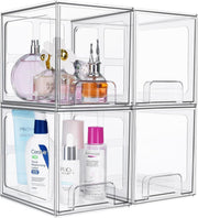 4 PACK Large Plastic Stackable Storage Drawers, Clear Acrylic Storage Drawers Container Boxes for Vanity, Undersink, Kitchen Cabinets, Pantry Organization and Storage, 38.5x31.3x17.3cm - 4 PACK Clear Acrylic Storage Drawers