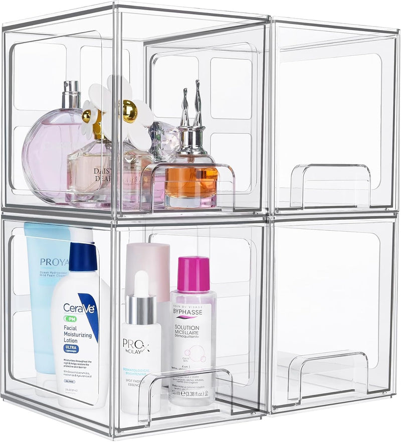 4 PACK Large Plastic Stackable Storage Drawers, Clear Acrylic Storage Drawers Container Boxes for Vanity, Undersink, Kitchen Cabinets, Pantry Organization and Storage, 38.5x31.3x17.3cm - 4 PACK Clear Acrylic Storage Drawers