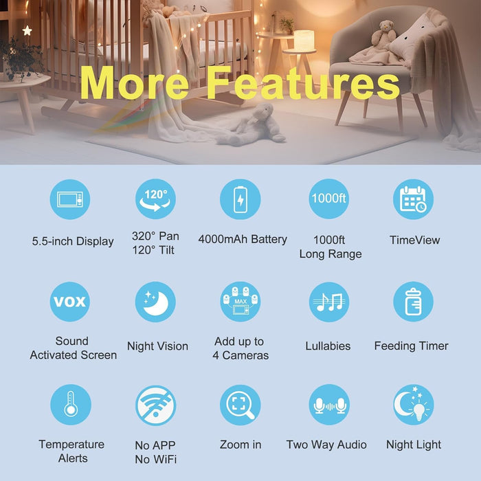 HelloBaby 720P 5.5'' HD Baby Monitor with Camera and Audio No WiFi, Video Baby Monitor, Remote Pan Tilt Zoom Wide View Range, 1080P Infant Camera, Night Light, Hack Proof, 4000mAh Battery, 1000ft