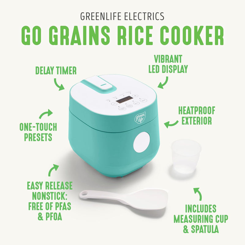 GreenLife Healthy Ceramic Nonstick 4-Cup Rice Oats and Grains Cooker, PFAS-Free, Dishwasher Safe Parts, Black