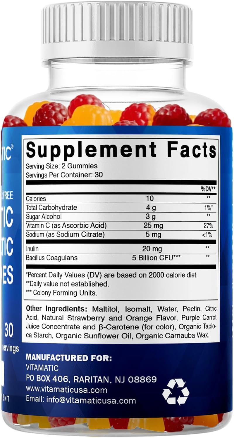 Probiotic + Prebiotic Gummies, 5 Billion CFU Digestive Support, Sugar Free Gut Health Supplement for Adults, Bacillus Coagulans with Inulin Fiber, 60 Gummies