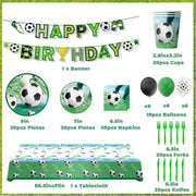 Soccer Birthday Party Decorations 140 PCS, Complete Soccer Party Set for 20 Guests, Includes Plates, Napkins, Cups, Banner, Balloons, Tablecloth, Cutlery
