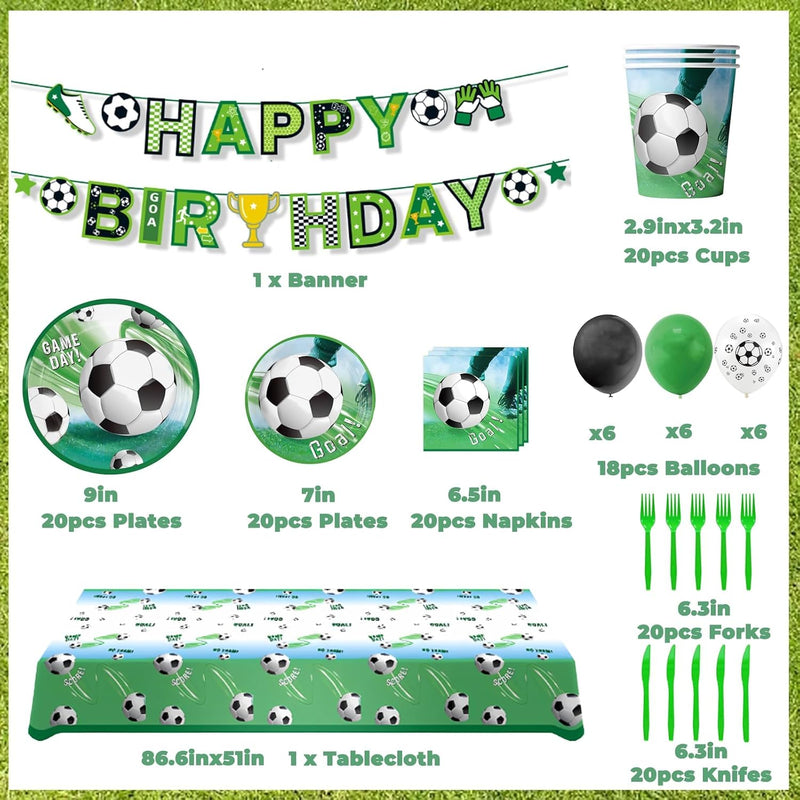 Soccer Birthday Party Decorations 140 PCS, Complete Soccer Party Set for 20 Guests, Includes Plates, Napkins, Cups, Banner, Balloons, Tablecloth, Cutlery