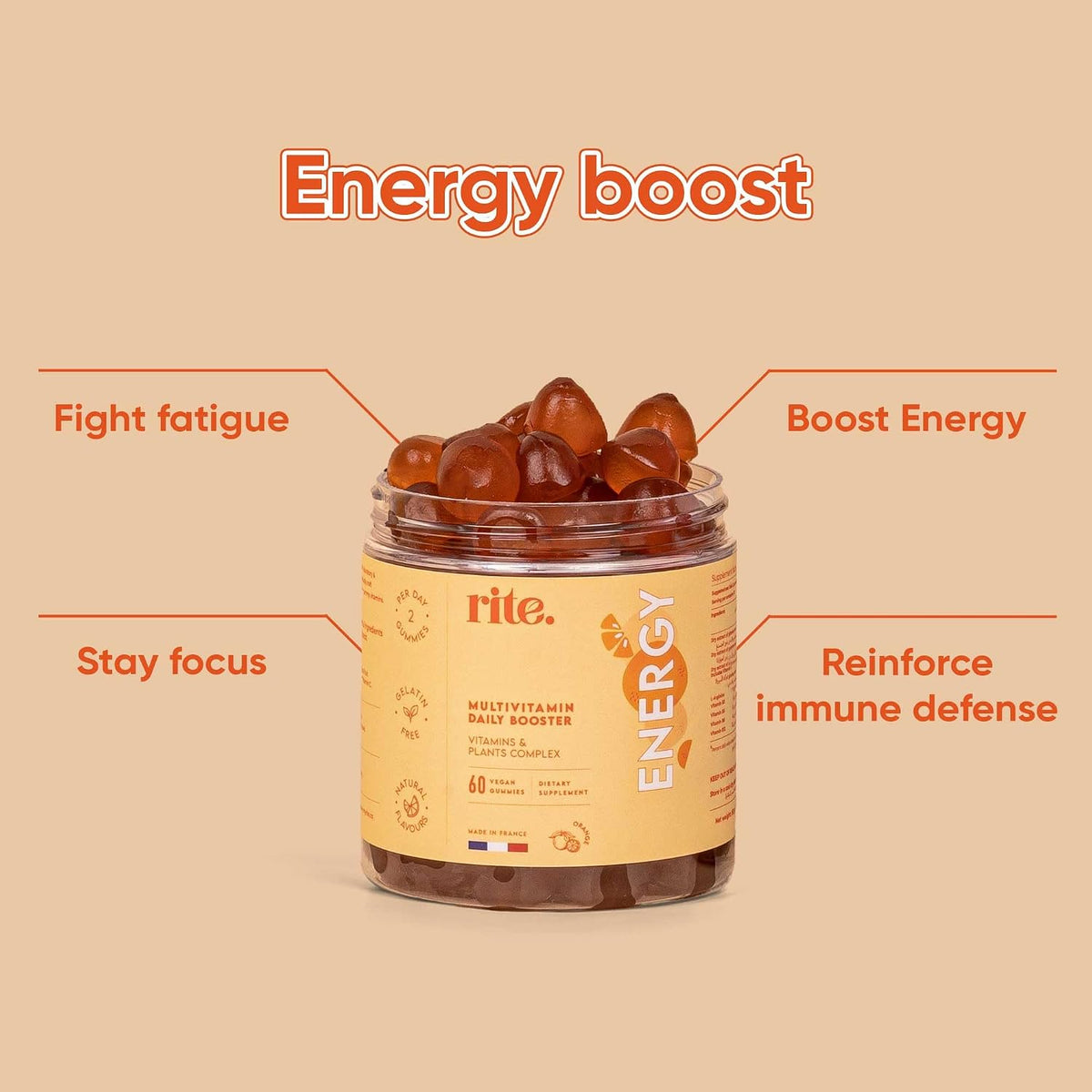 Rite Vitamin Gummies, Boost Energy, Immune Support, Caffeine Free, Ginseng, Guarana, Vegan, Orange Flavour (60 Count, 1 Month) – image 3