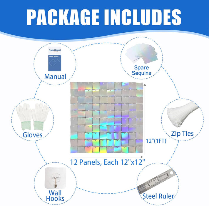Ozikutech 12 Pcs Silver Shimmer Backdrop for Party Decoration, 3FTx4FT Silver Sequin Wall Backdrop Panels for Birthday Graduation Anniversary