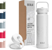 750ml Water Bottle 18/8 Stainless Steel 304 Double Wall Insulated thermo Bottle with Straw Lid and wide mouth, 2 lids included, Hot Cold Liquids Sports Bottle (Lava Gray) - Sparkling White