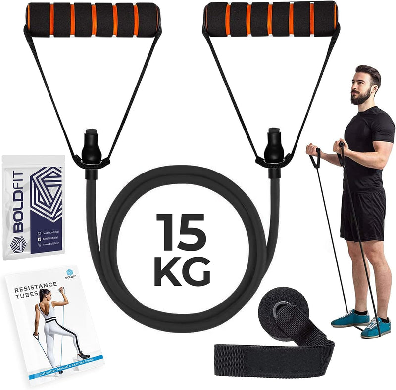 Boldfit Resistance Tube with Foam Handles, Door Anchor for Exercise & Stretching, Suitable in Home & Gym Workout for Men & Women-Multi Resistance - Black-15Kg