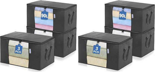 SKY-TOUCH 3 Pcs Large Capacity Sized Bags, Clothes Storage Bag Organizers, Foldable, Durable and Space Saver with See-Through Window and Carry Handles 90L - Large (Pack of 2) 3pcs