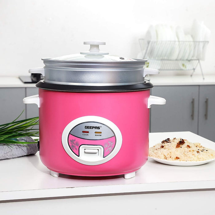 Geepas 1.8L Rice Cooker/Steamer with Non-Stick Cooking Pot | 700W | Automatic Cooking, Steam Vent Lid & Simple One Touch Operation |Make Rice, Steam Healthy Food & Vegetables | 2 Year Warranty