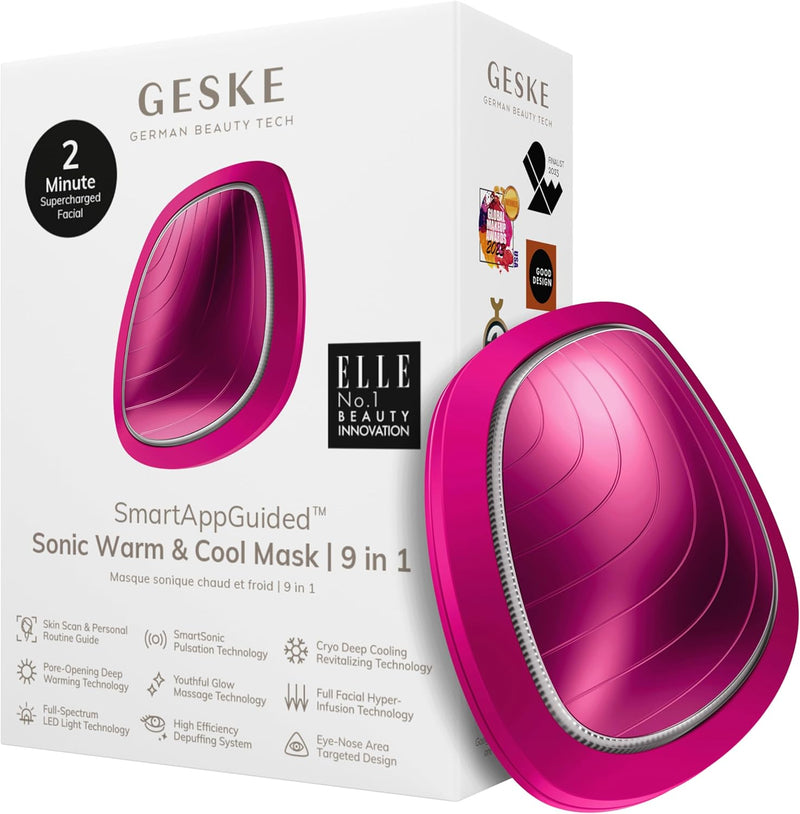 GESKE SmartAppGuided Sonic Warm & Cool Mask 9 in 1 Beauty LED Face Mask Facial Glow Full Spectrum LED Light Best Face Massager Vibrating Mask Warm and Cold Skincare - Magenta Pink