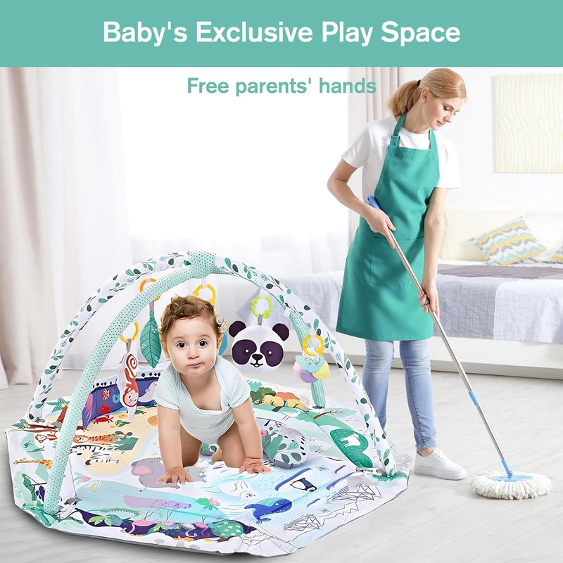 TFDER 7-in-1 Baby Play Gym, Infant Non-Slip Activity Blanket, Crawling Mat with Play Arch and Sensory Toys,Baby Toys 0+ Months,Black and White