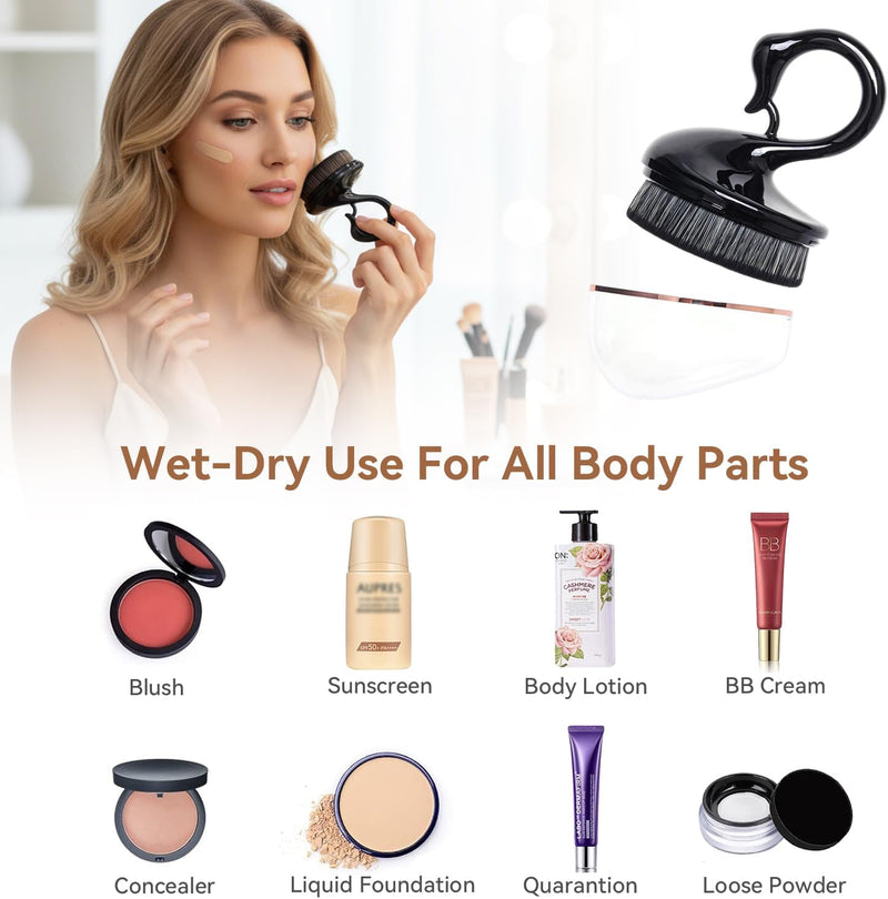 Foundation Brush for Liquid Makeup, Self Tanner Applicator Tanning Brush with Swan-shap Handle and Case, Body Makeup Brush Kabuki Brush for Smooth Application & Even Coverage (Black)