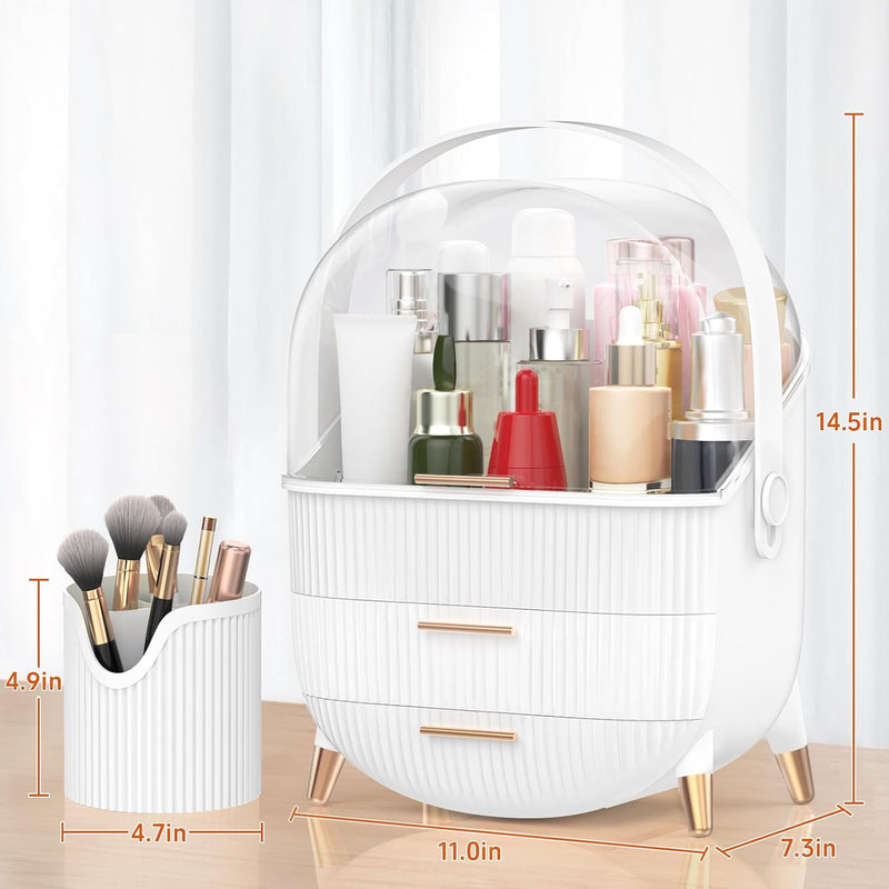 FORTHEE Makeup Organizer, Cosmetics Organizer Display Case with Two Drawers and Brush Storage Box, Skincare Organizer Box Suitable for Bathroom Countertop and Bedroom Vanity Dresser (White)