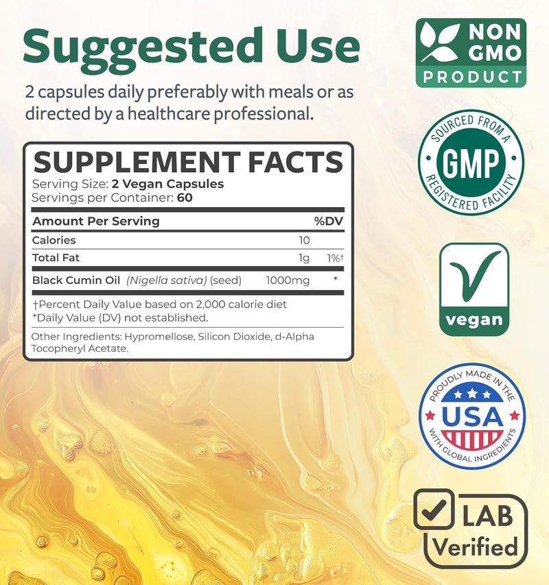 Black Seed Oil - 120 Softgel Capsules (Non-GMO & Vegetarian) Premium Cold-Pressed Nigella Sativa Producing Pure Black Cumin Seed Oil with Vitamin E - Each, 1000mg Per Serving