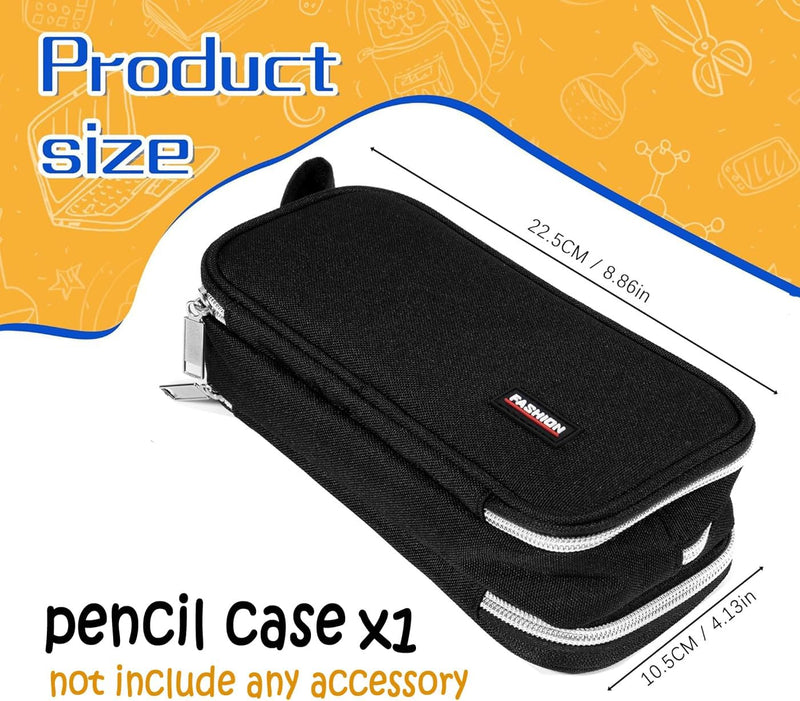 Revhq Pencil Case, Pen Bag, Pouch, Canvas Zipper 3 Compartment Large Case Organizer For School College Pouches - Black