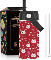 Kids Water Bottle 410ml Stainless Steel Hydro Flask Double Wall Insulated Thermal Bottle with Straw Lid BPA Free Cup Hot Cold Sports Toddler School Boys Girls 14oz (DINOSAUR BLUE 410ML) - RED CAT