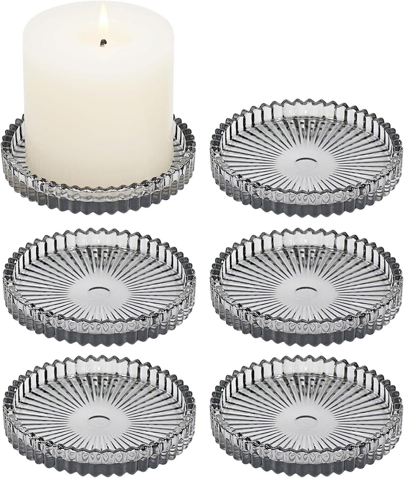 MCHERRY 6 Pack Glass Candle Holders, 4 Inch Glass Candle Holder for Pillar Candles, Christmas Candle Plate for Dining Table, Home Coffee Table Decoration (Brown)