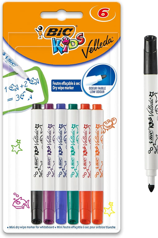 BIC Kids Marker Mini Velleda, Whiteboard Pens, Wipe Clean Pens in 6 Colours, Easy Dry Wipe & Low Odour