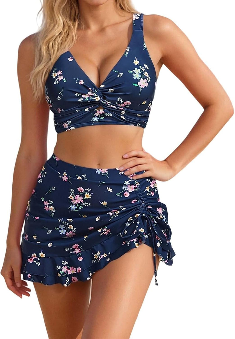 Two Piece Swimsuit Floral Tankini Skirt High Cut Pants for Women Set - navy