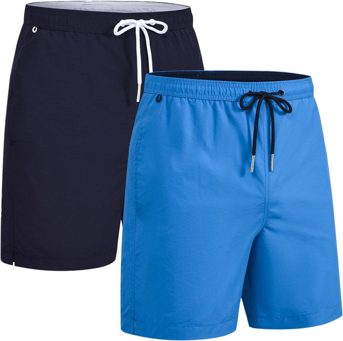 RBYEKP Mens Swimming Trunks 2 Pack Quick Dry Beach Surfing Shorts for Men Elastic Waist Board Short with Mesh Lining(Slim Fit)