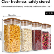SKY-TOUCH Glass Food Storage Jars Containers set 1.5L,with Airtight Bamboo lids Set of 4,for Spices Noodles Flour Cereal Rice Sugar Tea Coffee Beans, Square (4 Pack, 1500ml)