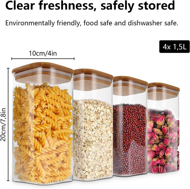 SKY-TOUCH Glass Food Storage Jars Containers set 1.5L,with Airtight Bamboo lids Set of 4,for Spices Noodles Flour Cereal Rice Sugar Tea Coffee Beans, Square (4 Pack, 1500ml)