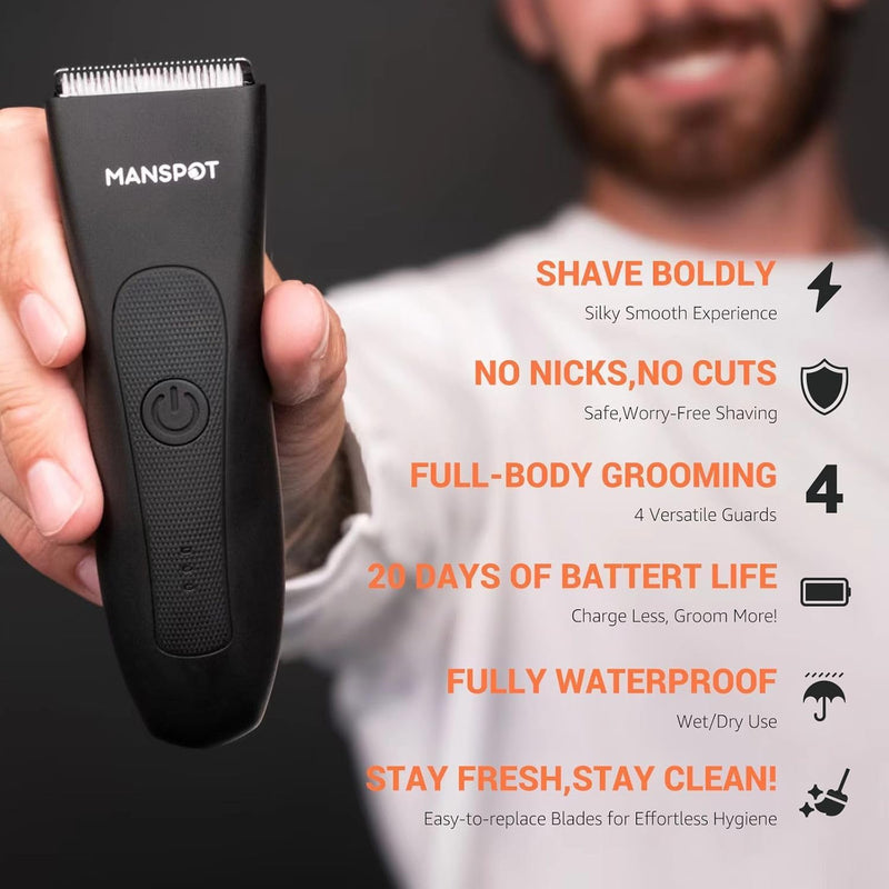 Electric Pubic Hair Trimmer Men's Shaving & Grooming Sets Kit w/ 4 Guards and Replaceable Ceramic Blade Heads, Waterproof Wet/Dry Groin Trimmer for Men, 90 Minutes Shaving, Body Groomer for Men (Blue)