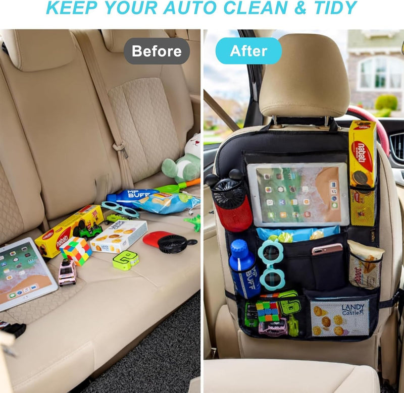 Car Back Seat Organiser with Tablet Holder, Multi-Pocket Seat Back Protectors Kick Mats for Kids Toddlers, Travel Accessories, Divider for Driving Safely Children & Pets Car Organizer Black