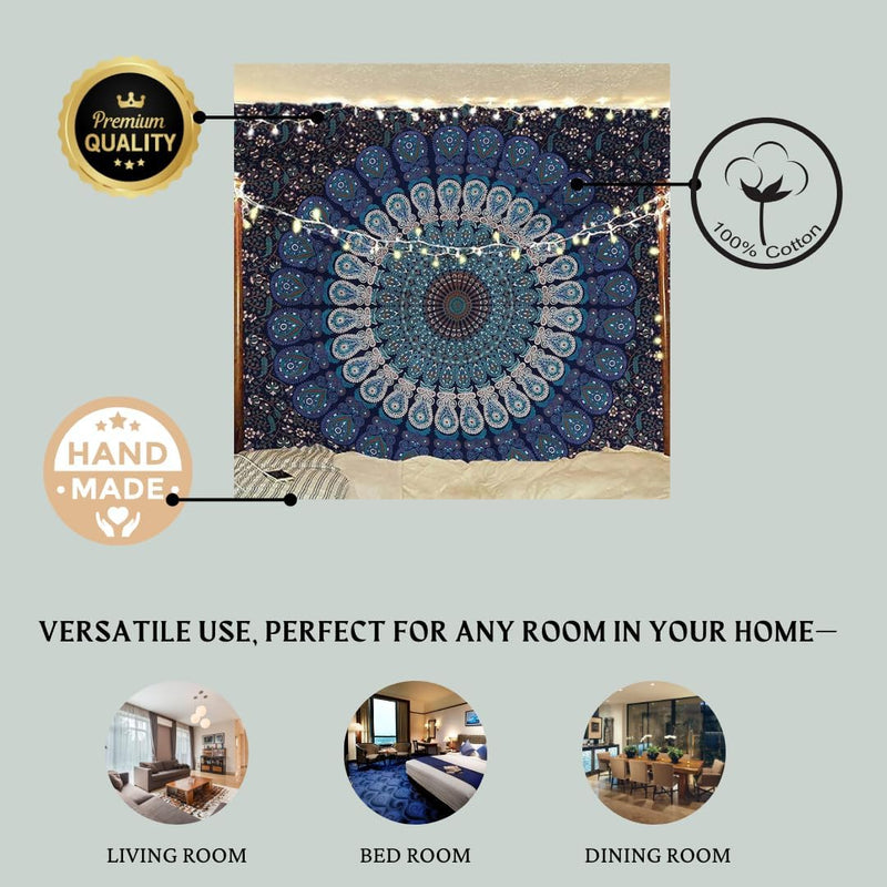 Bless International, Indian Wall Hanging Psychedelic Hippie Bohemian Peacock Mandala Tapestry Bed Sheet Gold Pink Blue King 225x265cm