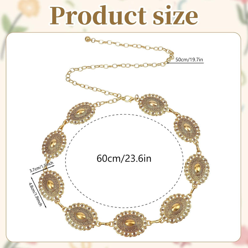 Metal Belt for Women Boho Costume Waist Chain for Ladies Girls Gold Fashion Belt with Adjustable Buckle Western Retro Belt for Dresses Jeans Pants Shirts, One Size