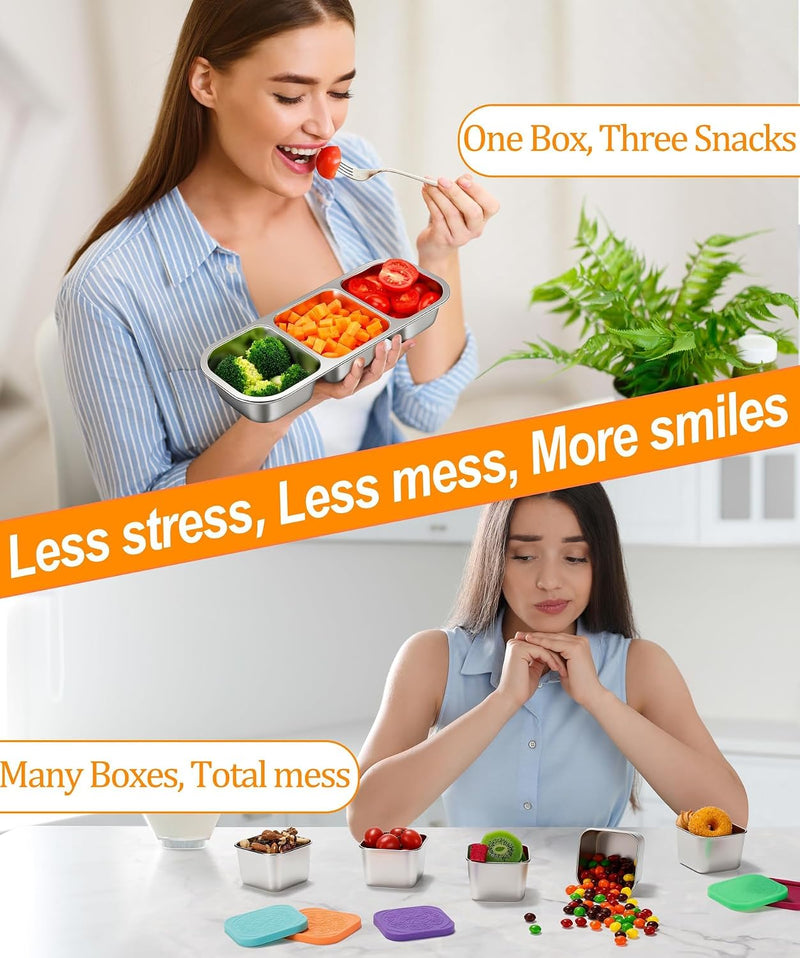 3 Pack Stainless Steel Snack Containers for Kids & Adults, Bento Boxes, Leek Proof Metal Bento Lunch Box with 3 Compartment, Lunchable Containers for Daycare, School, Work, Travel, Bento Snack Box