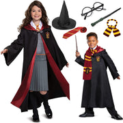 Unisex Wizard Cloak Costume Set for Kids, 6Pc Magician Wizarding Robe Outfits with Hooded Cape Magic Hat Wand Scarf Glasses Tie Movie Dress Up Accessory for Halloween Cosplay - Kids