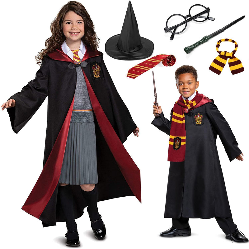 Unisex Wizard Cloak Costume Set for Kids, 6Pc Magician Wizarding Robe Outfits with Hooded Cape Magic Hat Wand Scarf Glasses Tie Movie Dress Up Accessory for Halloween Cosplay - Kids