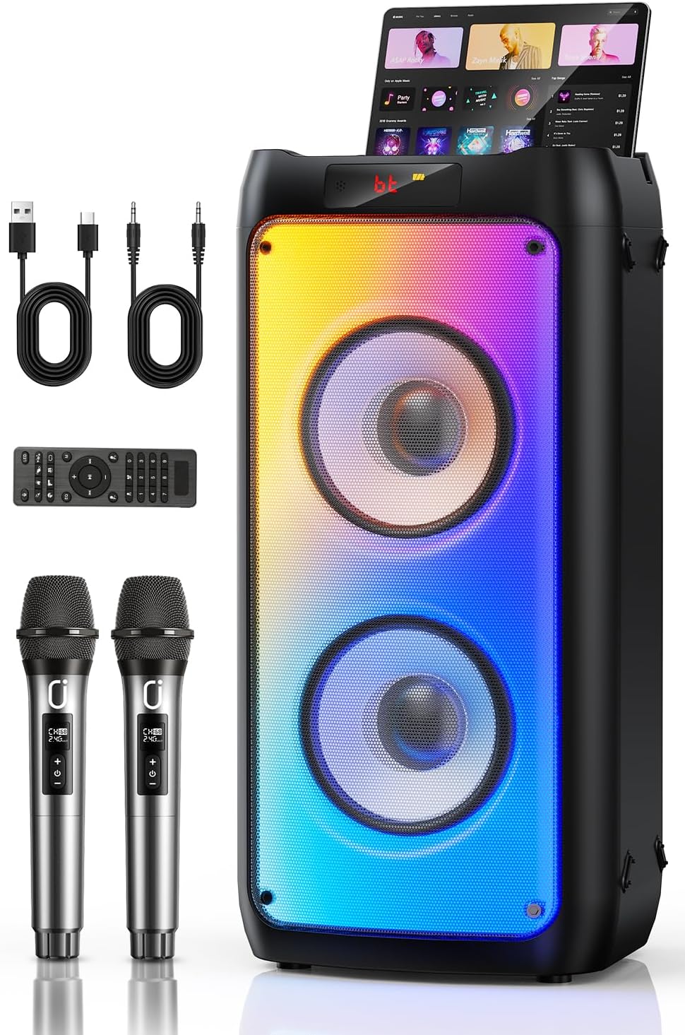 Karaoke Machine with 2 Wireless Microphones, Portable Bluetooth Speaker for Adults & Kids, Big Party PA System with Disco Lights for Gatherings, The Best Gifts for Family – image 1