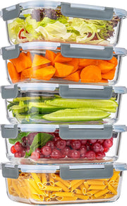 KUMD 10 Pack Fridge Organizers and Storage, Stackable Refrigerator Organizer Bins with Lids, BPA-Free Produce Fruit Storage Containers for Fridge Organizers, for Food, Drinks, Vegetable - 5 Pcs Glass Storage Containers
