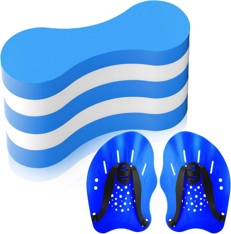 3 Pcs Swim Training Pull Buoy Swimming Hand Paddles Set Include 1 Swim Buoy 2 Swim Hand Paddles for Lap Swimming with Adjustable Straps Swim Training Equipment Kit for Adults - Blue