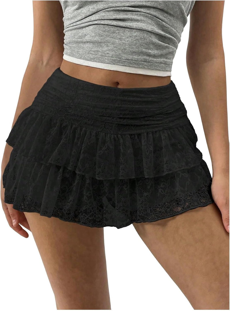 Women's A Line Tiered Ruffle Mini Lace Skirt Low Waist Double Layered Y2k Skirts - Black