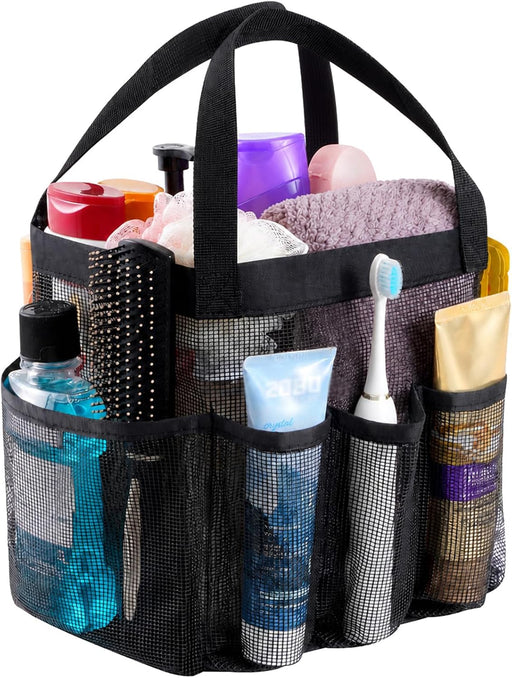 Mesh Shower Caddy with 7 Pockets and Handle, Portable Hanging Organizer Basket for College Dorm Room Essentials, Quick Dry Tote Bag for Camping, Bathroom, Beach, Travel, Black
