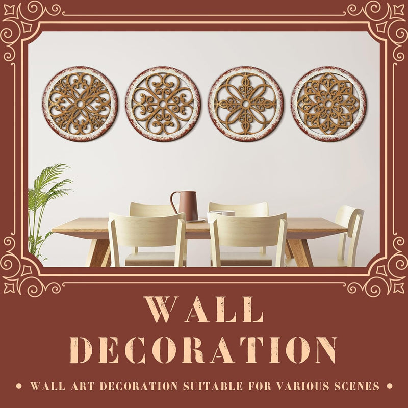 Yulejo 4 Pcs Thicken Rustic Wall Decor Farmhouse Wall Art Wooden Hollow Carved Design Decor Rustic Round Wall Art for Living Room Bedroom Hallway Decor Kitchen Wall (Black, Brown,9.8 x 9.8 Inch)