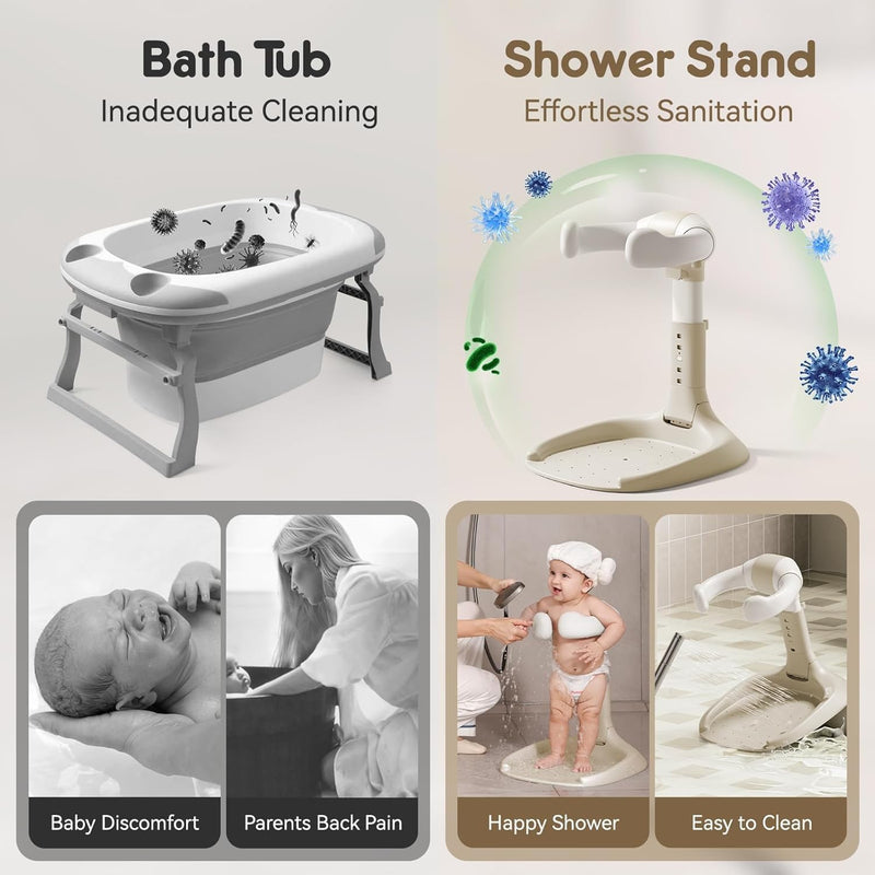 MOMENT Adjustable Baby Shower Stand, Baby Bath Stand, Baby Shower Standing Support with Adjustable Height and Safety Handle, Foldable and Compact Baby Bathtub with Stand (BROWN)