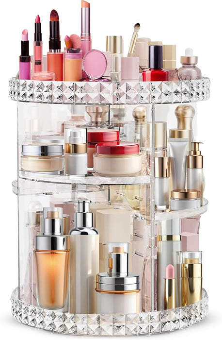 SPAULD Rotating Makeup Organizer, Adjustable Layers Spinning Skincare Organizer, Cosmetic Display Case with Brush Holder, Multi-Function Storage Carousel for Vanity Bathroom Countertop (Style 2)