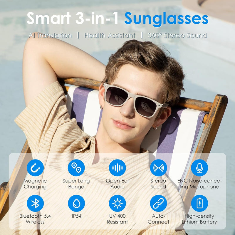 GetD AI Glasses, AI Assistant Powered by ChatGPT, Smart Glasses, Polarised Sunglasses, Bluetooth Smart Sunglasses for Men and Women, 2-in-1 Headphones and Glasses
