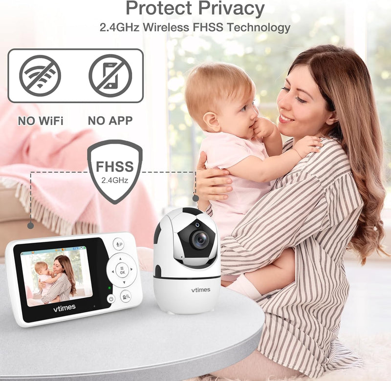 VTimes - Video Baby Monitor with Camera and Audio, LCD Display, Baby Camera Monitor, No WiFi Night Vision, VOX Mode, Panoramic Zoom Temperature Display, Audio