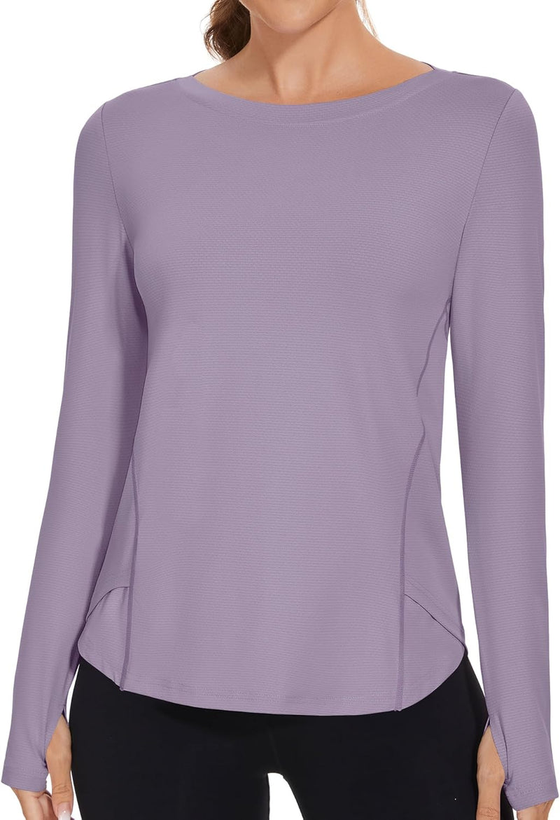 Rapbin Women's UPF 50+ Sun Protection T-Shirts Long Sleeve Boat Neck Workout Lightweight Quick Dry Top with Thumb Hole