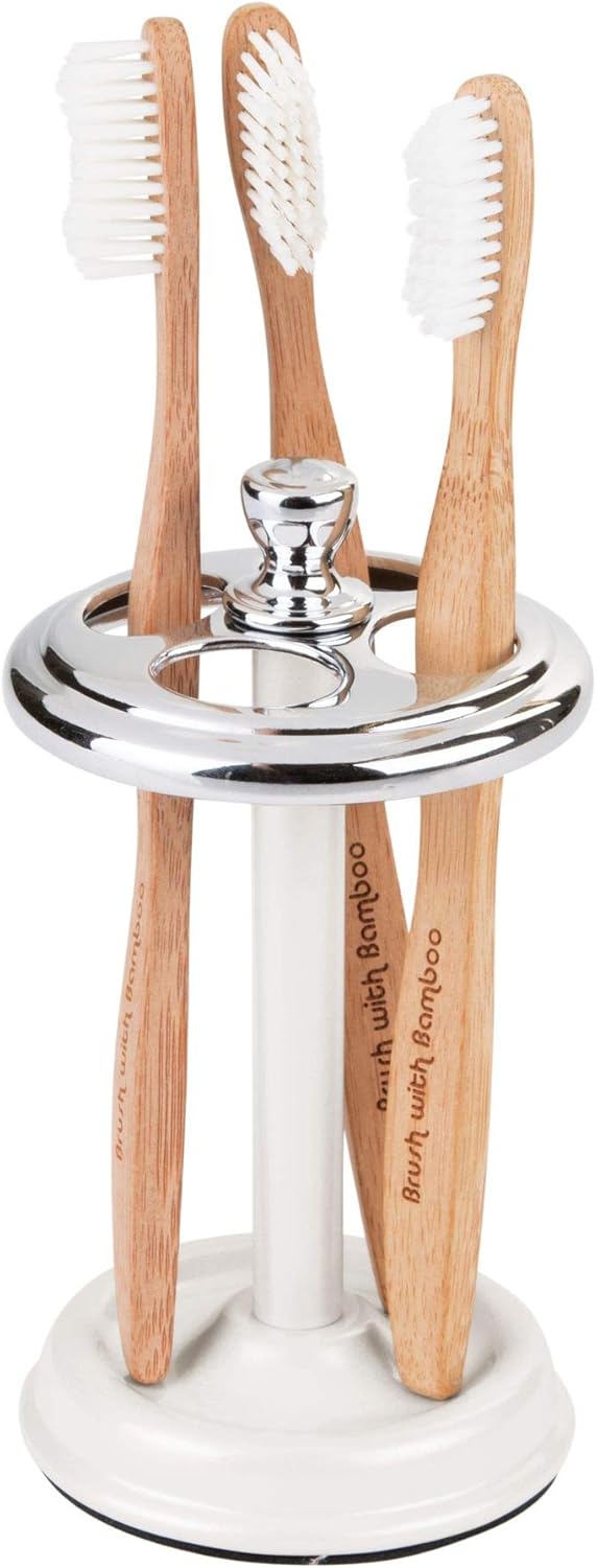 iDesign Steel Toothbrush Holder Stand The York Collection Four Divided Compartments, 3.25 x 5.75, Brushed Nickel & Polished Chrome - Chrome and Pearl White 3.25" x 5.75"