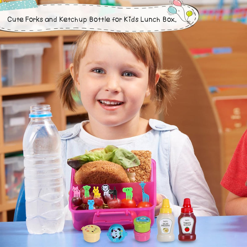 Kids Bento Box Accessories, 59-Piece Food Picks Set with Mini Condiment Bottles, Animal-Shaped Lunch Box Tools for School, Camping, Office, Includes Ketchup Dispensers, Soy Sauce Containers