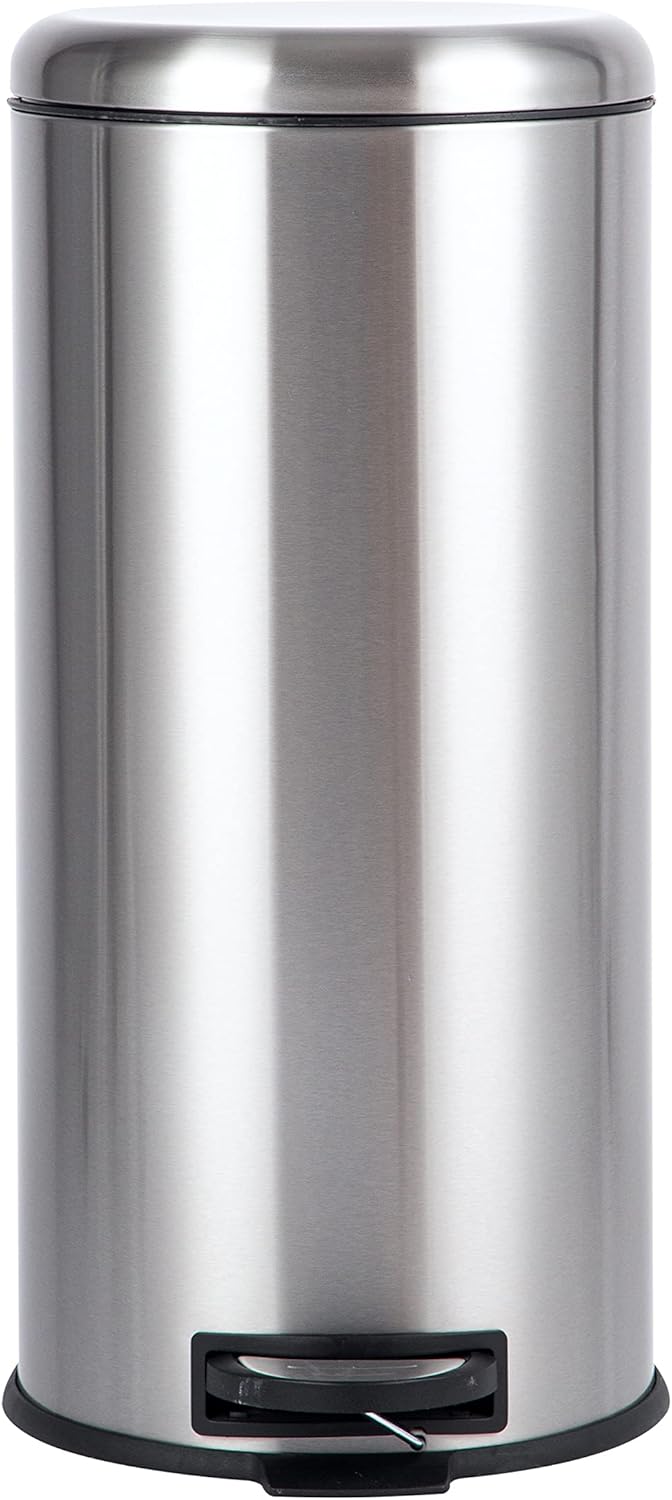 Amazon Basics round pedal trash bin, Stainless Steel, 30L - 30L Single
