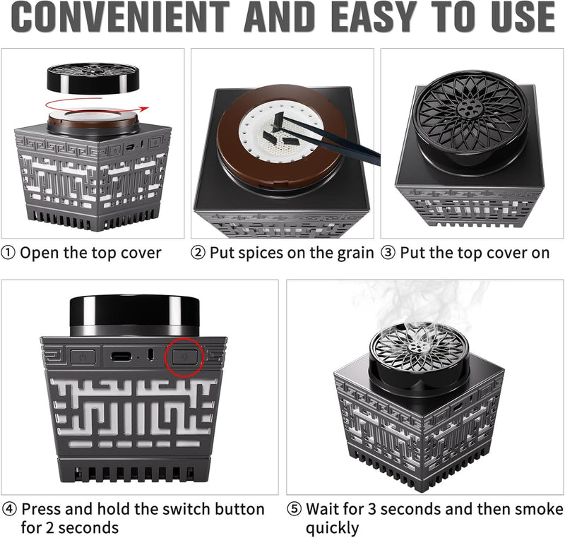 Telawah Mini Incense Burner Bakhoor - Portable Rechargeable USB Aroma Diffuser with Remote Control Light， Electric Arabian Incense Holder Home Decor.