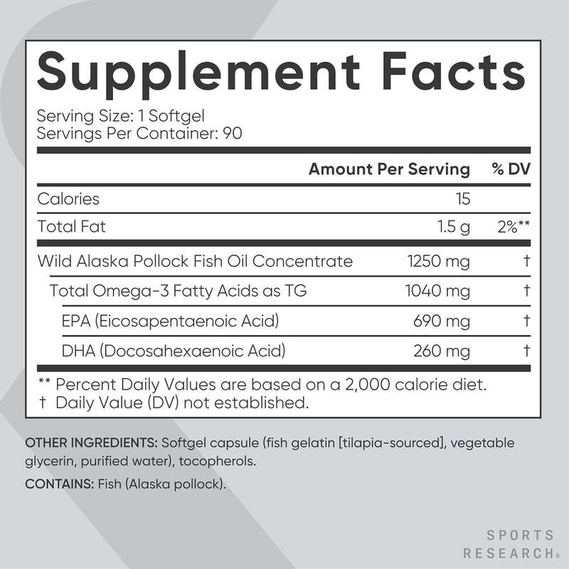 Sports Research Alaskan Omega3 Fish Oil 90 Softgels WildCaught Alaska Pollock EPA & DHA in Triglyceride Form NonGMO & GlutenFree Omega3 Supplement